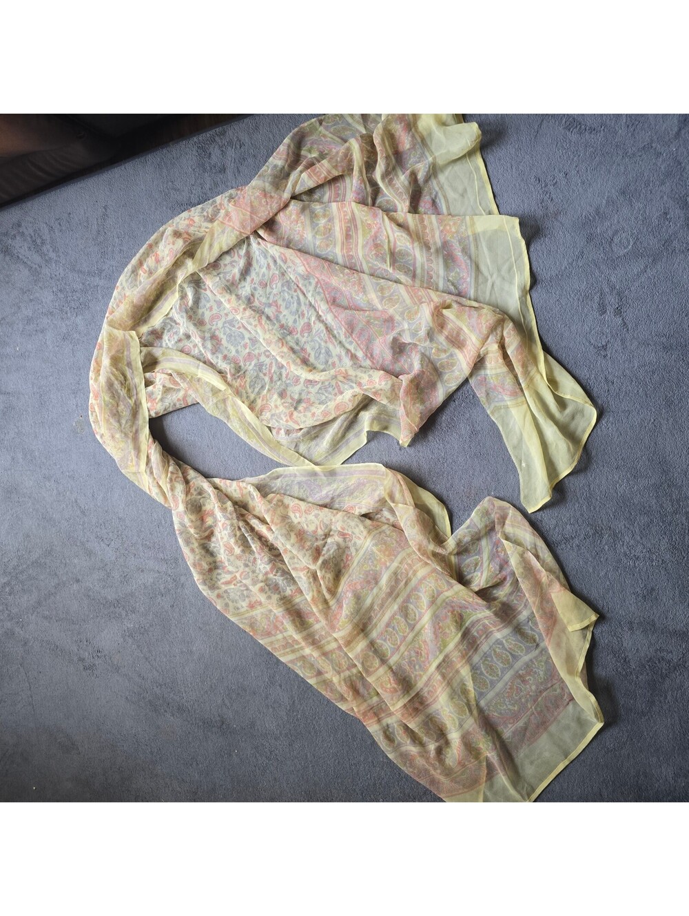 Vintage Sheer Chiffon Saree Light Yellow Paisley Floral Print Sari Border Pallu